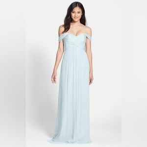 Amsale off the shoulder crinkle silk gown
